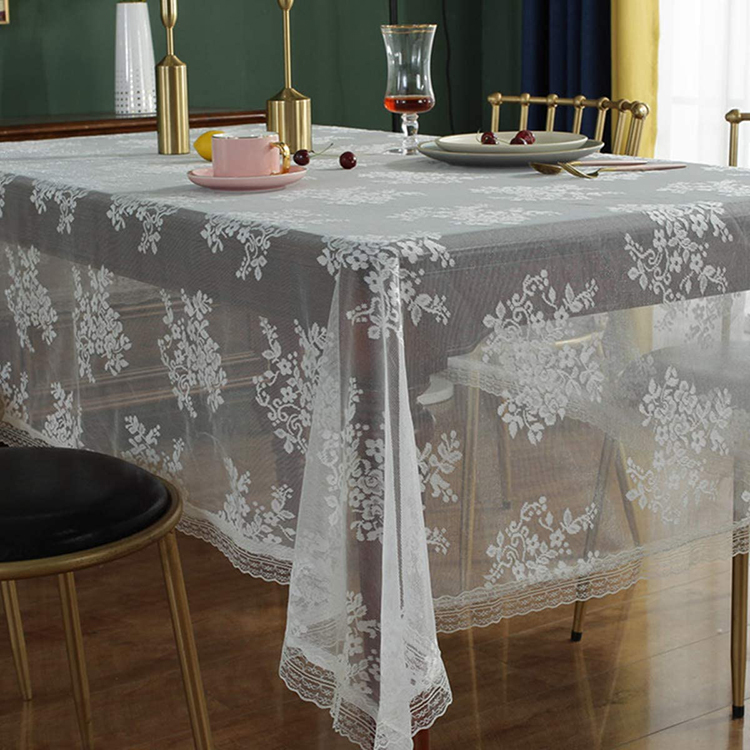Обычная белая жаккардовая цветочная элегантная прямоугольная кружевная скатерть свадебная дешевая ткань